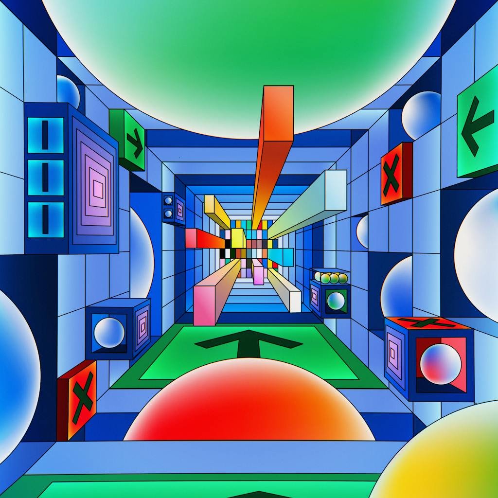 Vibrant abstract geometric digital art with 3D elements and a dynamic perspective.